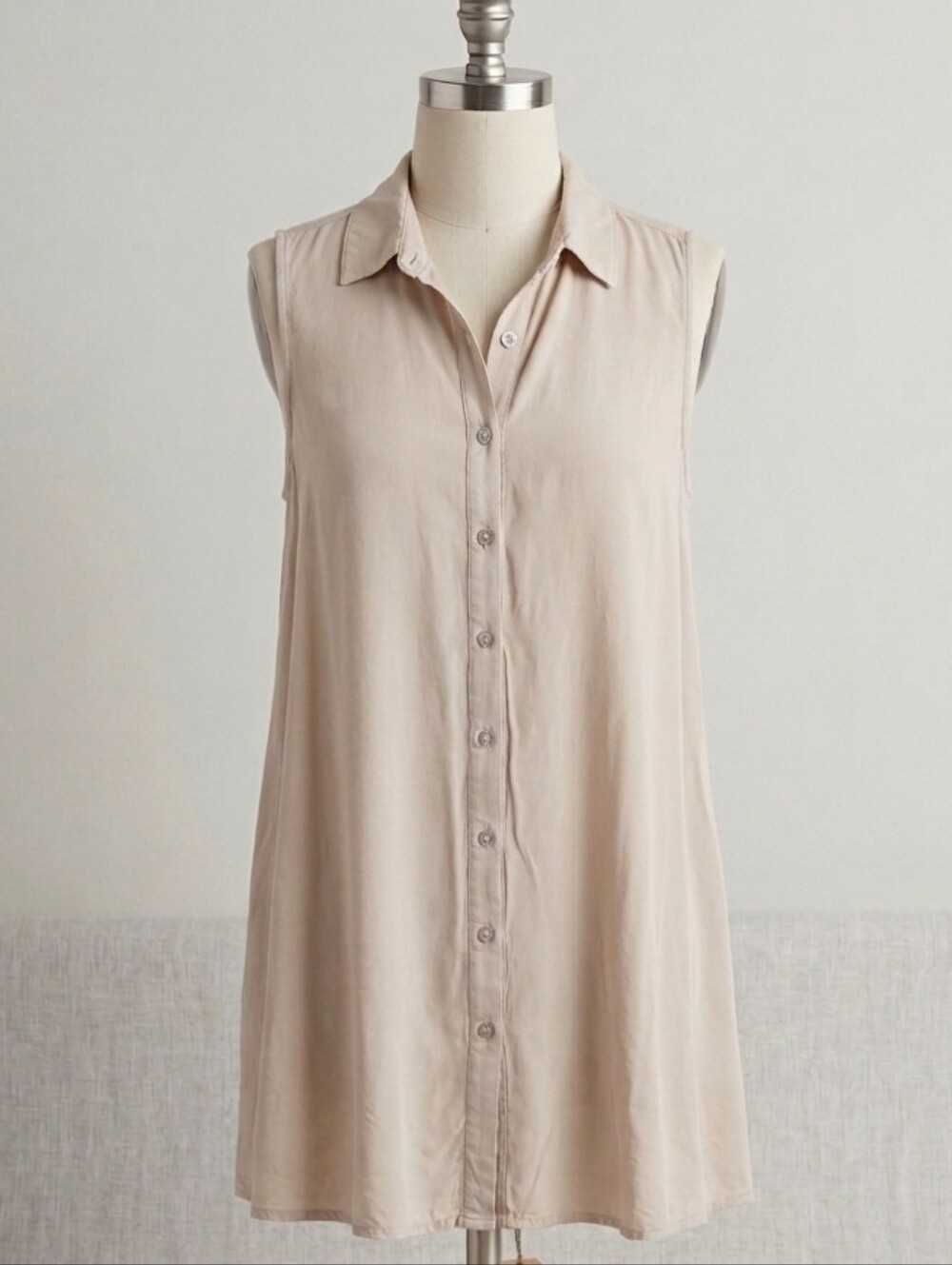 Sleeveless Button-Front Shirt Dress - Beige